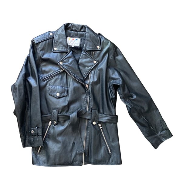 Wilsons Leather Jackets & Blazers - Vintage Wilsons Leather Jacket 80s 90s Black Moto Biker Coat Belted Medium
